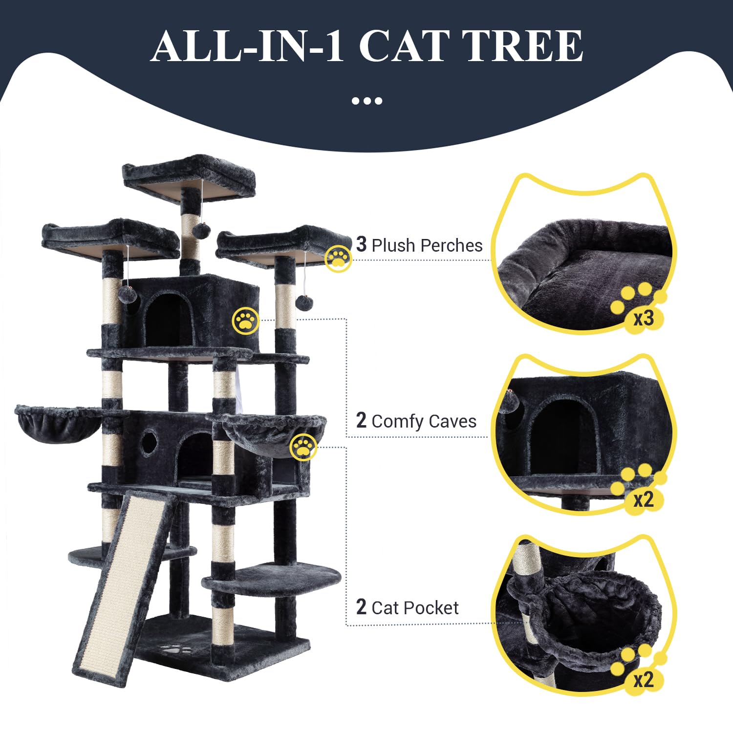 Allewie 68-inch cat tree sturdy base: reliable stability for energetic cats.