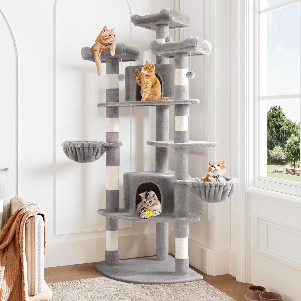 Allewie 73in fan-shaped cat tower corner assembly demonstrates space-saving design for small rooms.