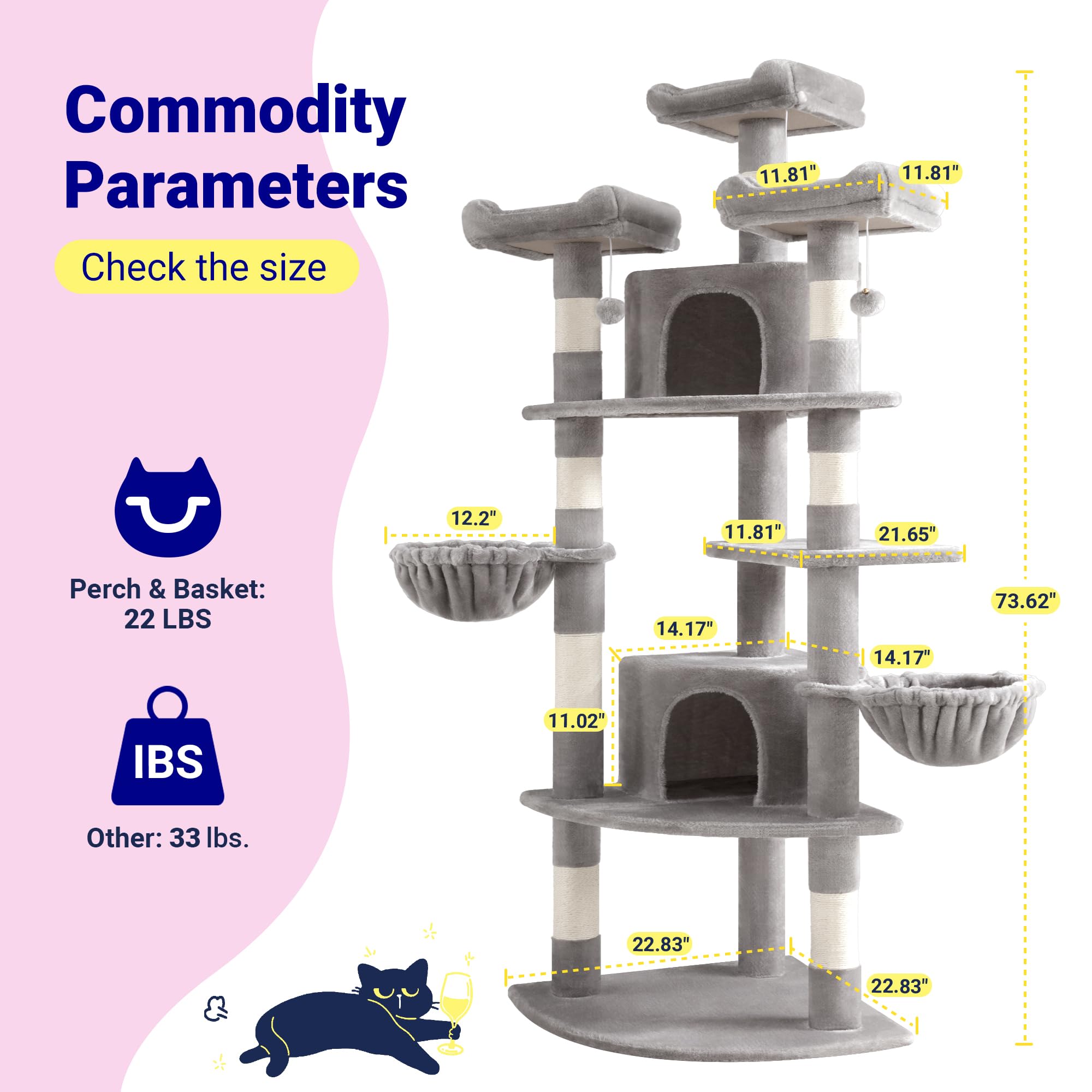 Allewie 73in fan-shaped cat tower grey finish complements modern interiors.