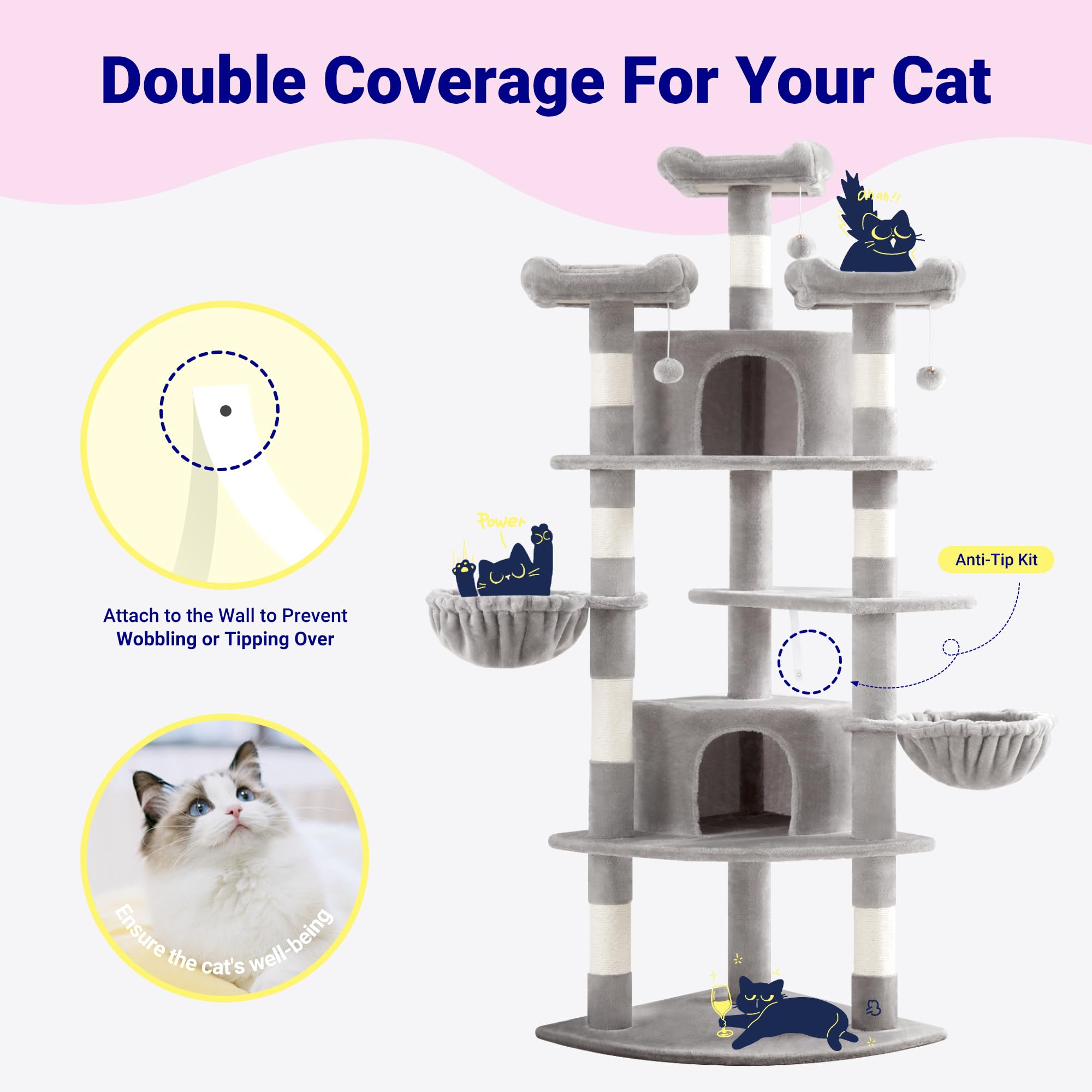Allewie 73in fan-shaped cat tower sturdy base helps reduce wobble during play.