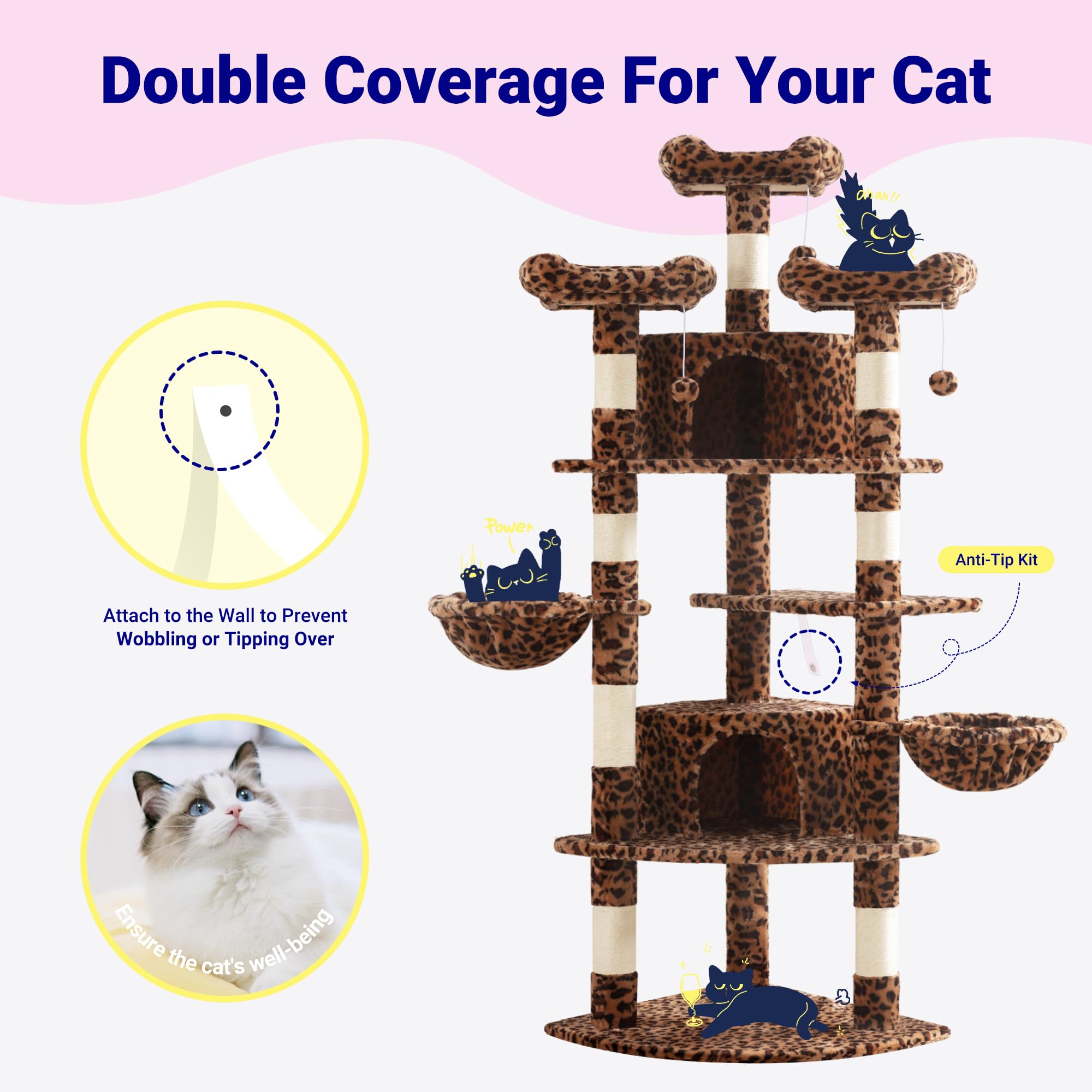 Allewie 73in multi-level design highlighting elevated platforms for curious cats to observe.