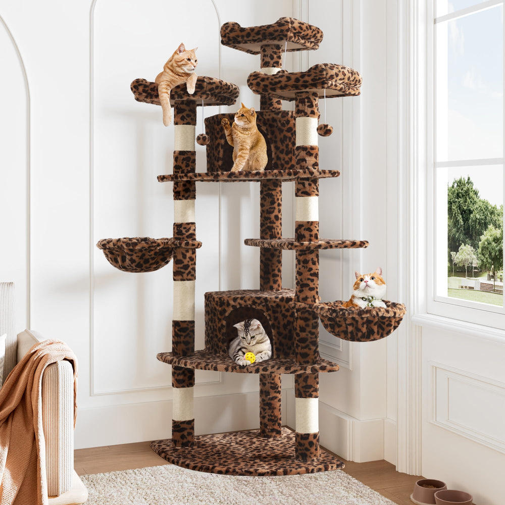 Allewie cat tree with sturdy base seen from side, reducing wobble during playful jumps.