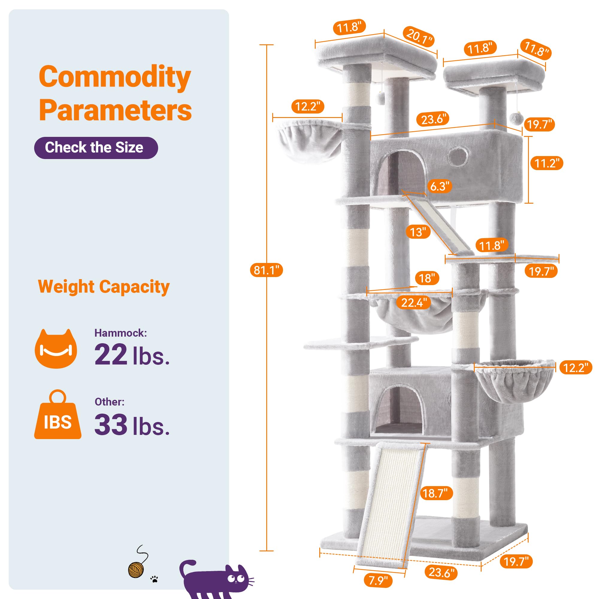 Allewie cat tree with private condos and a hammock for lounging.