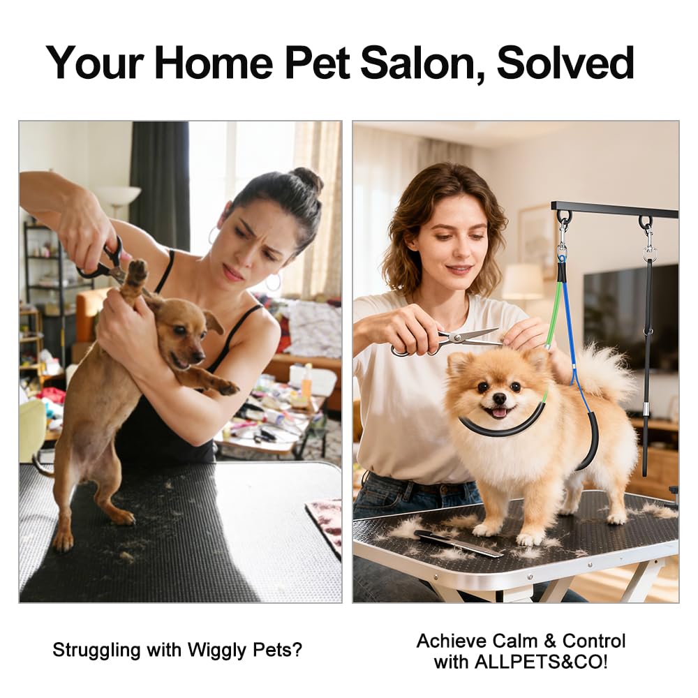 AllPets&Co adjustable height (27-40 inches) for ergonomic home grooming sessions.