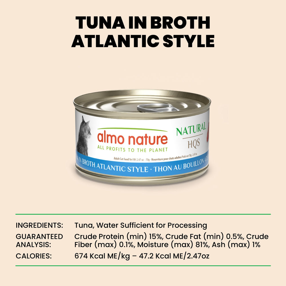 Almo Nature HQS cat enjoying tuna in broth looks appetizing and easy to serve.