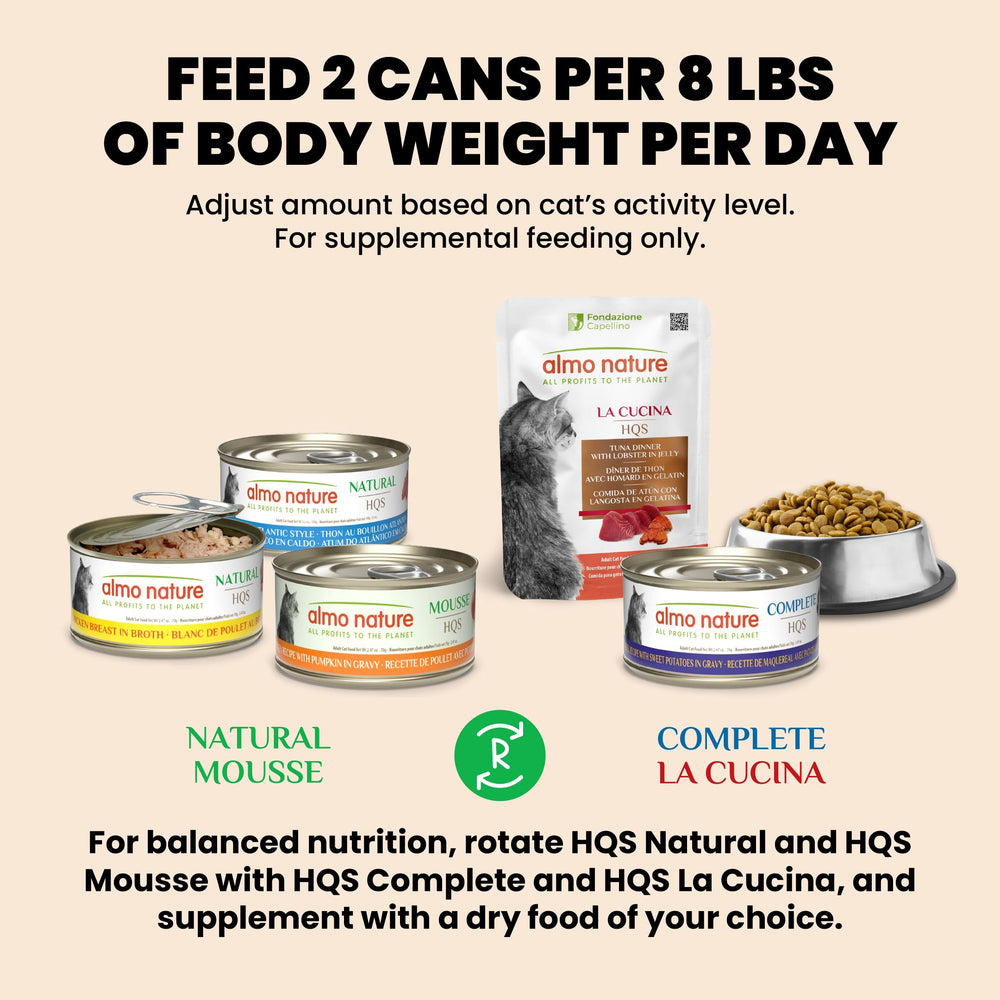 Almo Nature HQS natural single-protein tuna close-up emphasizes simple recipe.