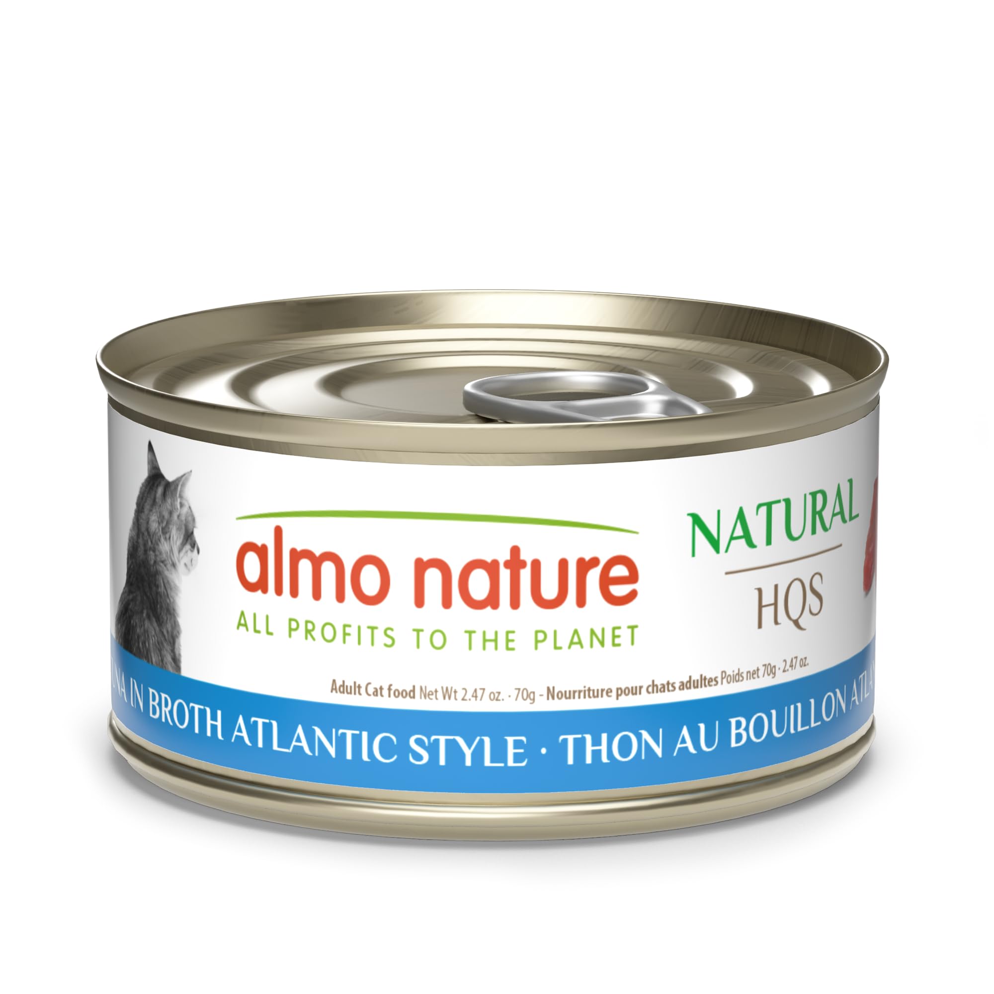 Almo Nature HQS tuna in broth Atlantic Style can, 24-pack for convenient feeding.