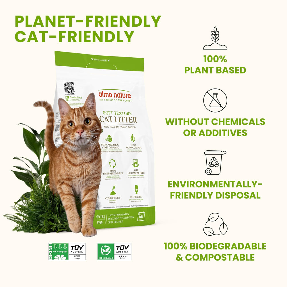 Almo Nature Plant-Based Clumping Litter; forms tidy clumps for quick removal and odor control.