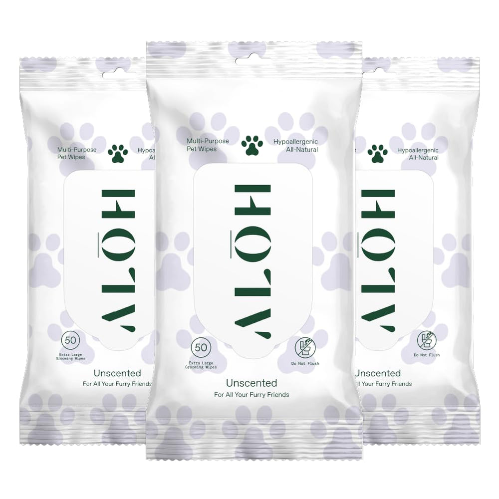 ALŌH hypoallergenic pet wipes unscented front pack for quick cleanups.