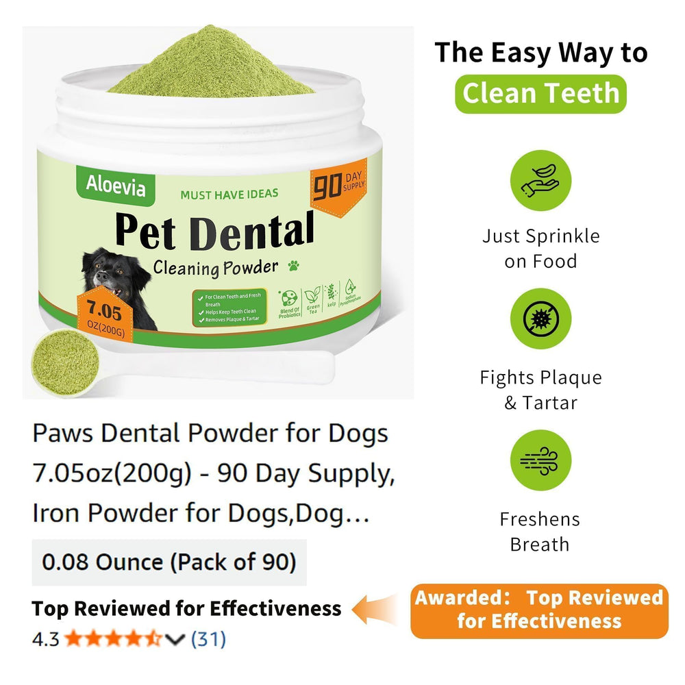 Aloevia dog teeth cleaning powder among serving bowls for daily use.