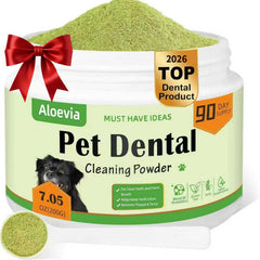 Aloevia dog teeth cleaning powder tub showing a 90-day supply for all breeds.