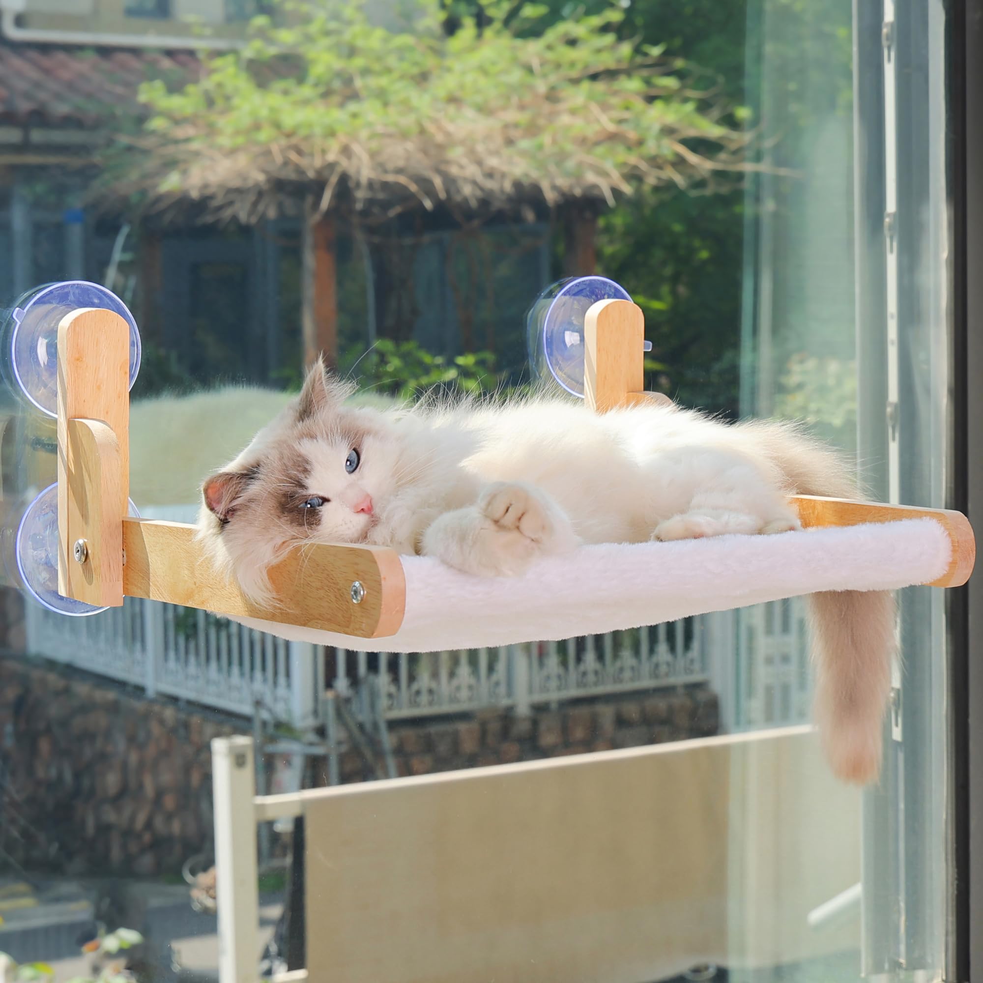Aloxina cat window perch with wooden frame, sunlit lounging.