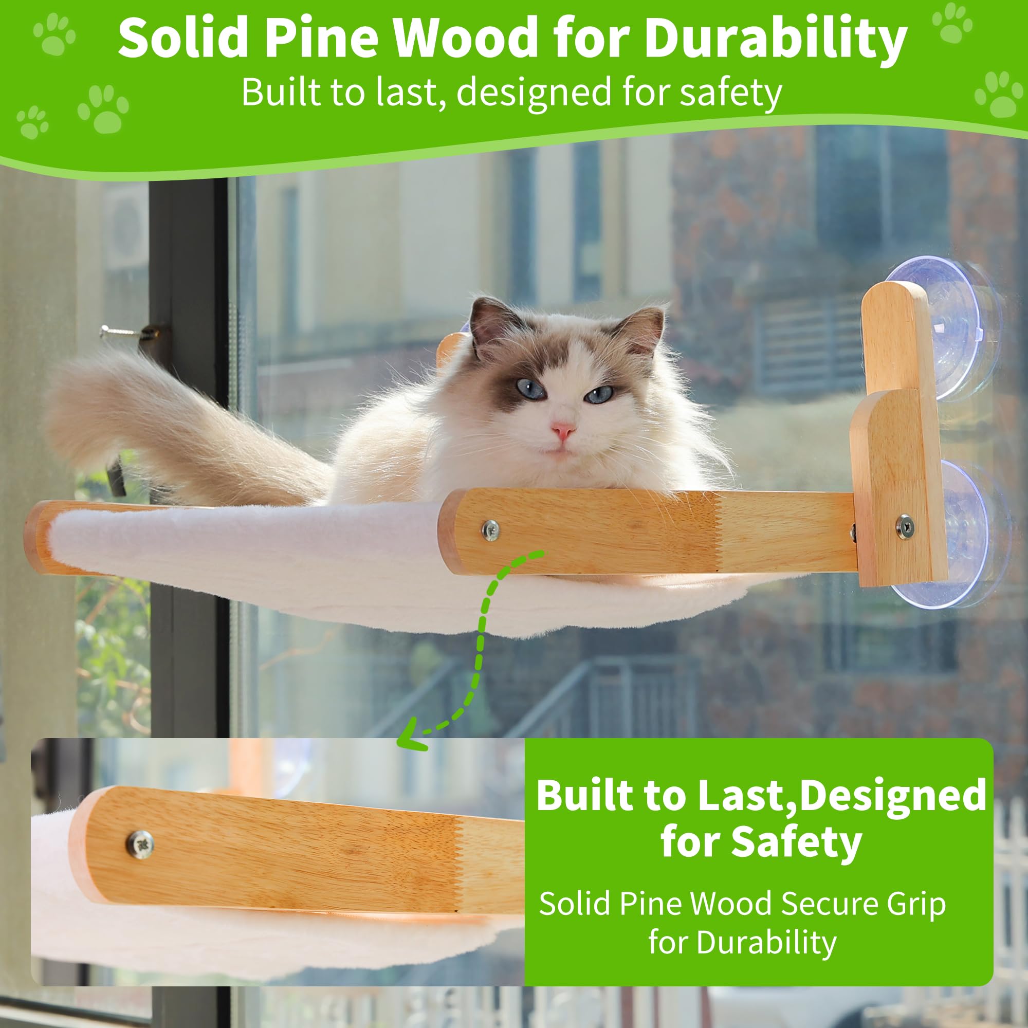 Aloxina cat window perch side view shows sturdy wooden frame.