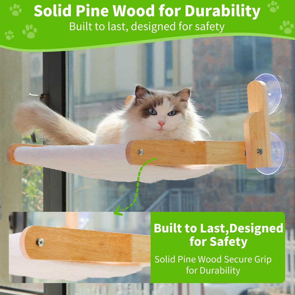 Aloxina cat window perch side view shows sturdy wooden frame.
