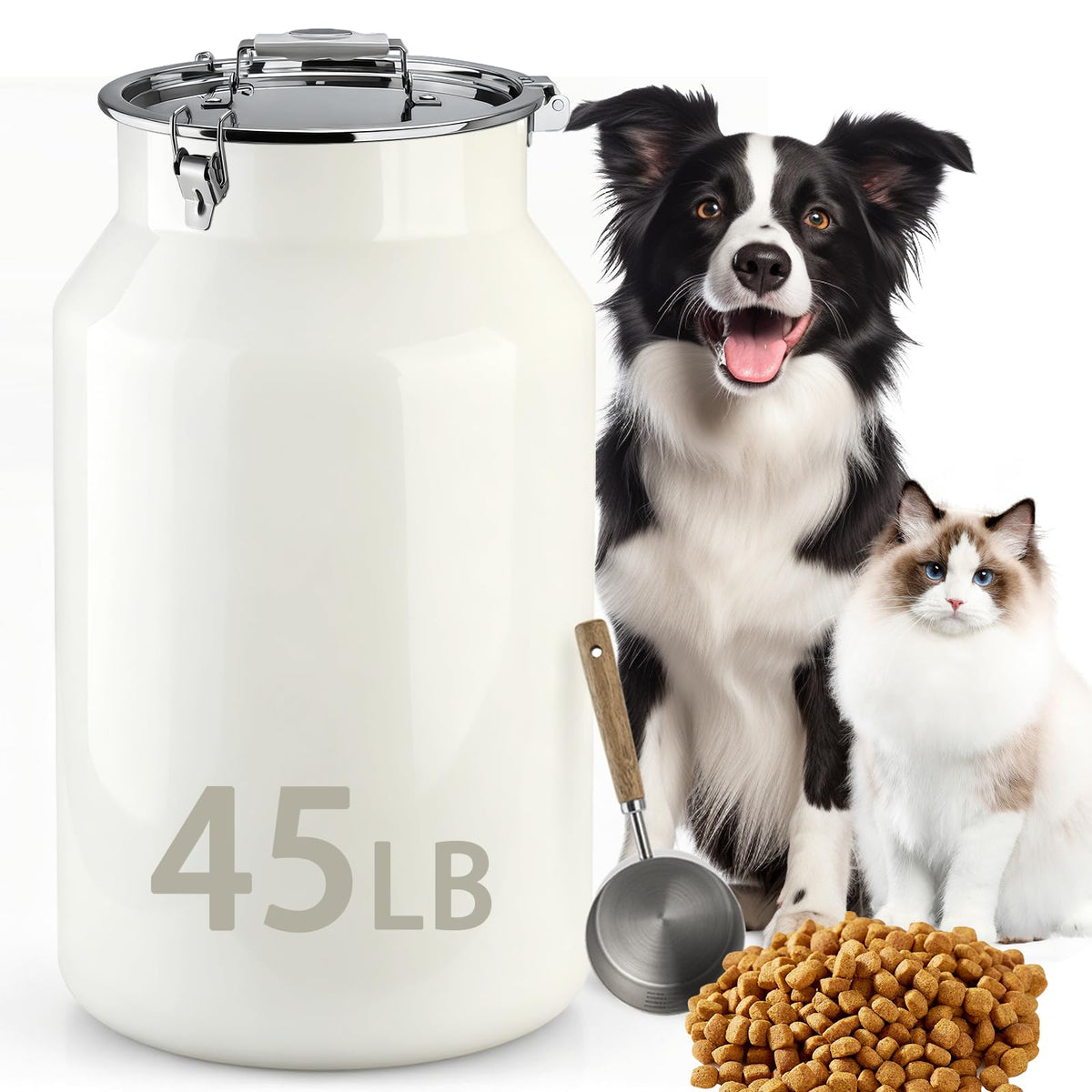 Aloxina 45 lb storage container front view with airtight lid keeps kibble fresh