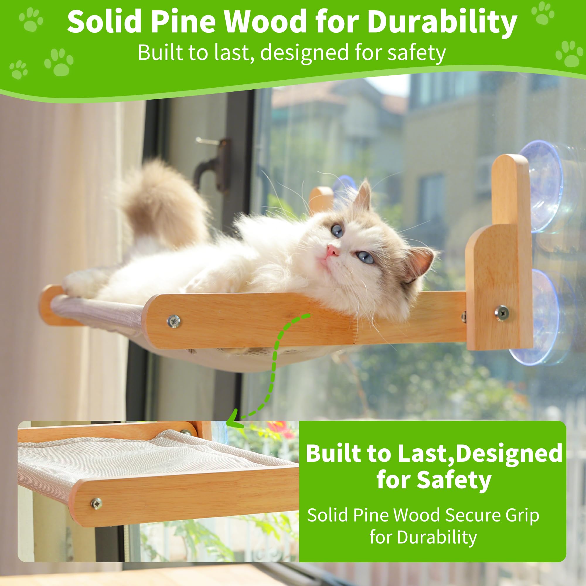 Strong suction cups secure the perch to glass without drilling