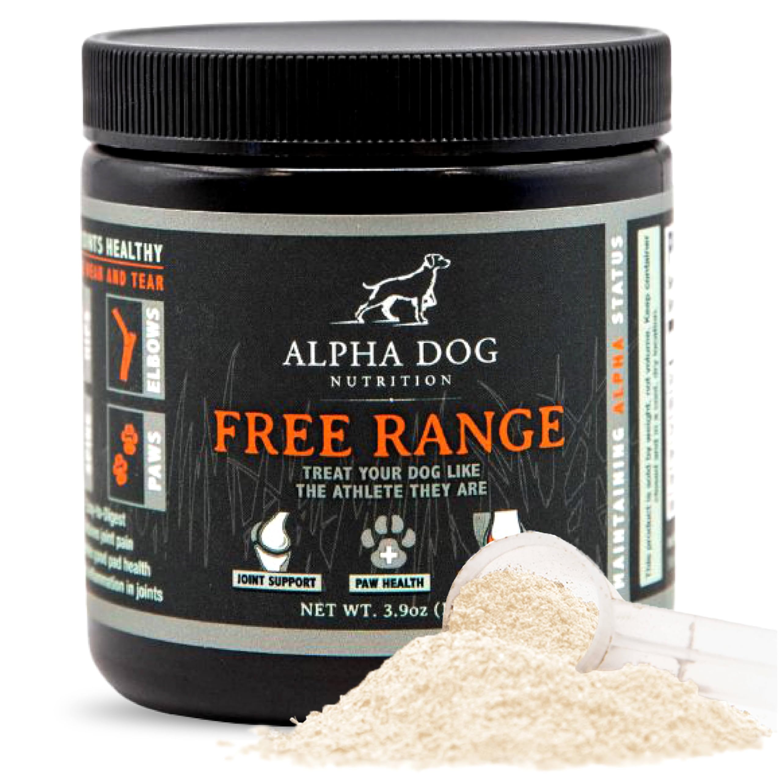 Alpha Dog Nutrition Free Range hip joint powder bottle for all breeds, boosting mobility