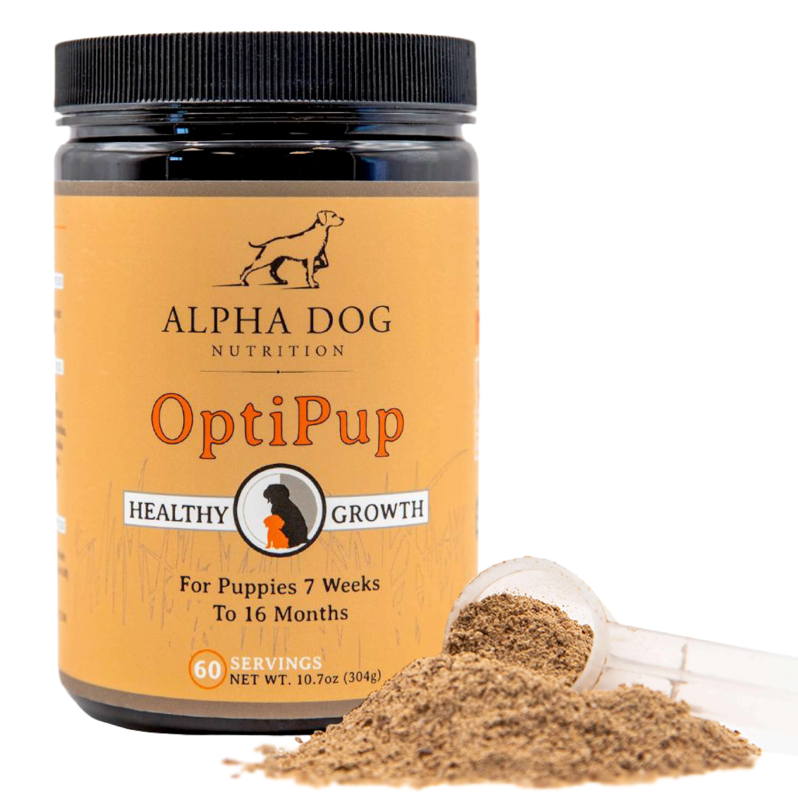 Alpha Dog Nutrition OptiPup bottle label highlighting 31 superfoods for healthy puppy development.