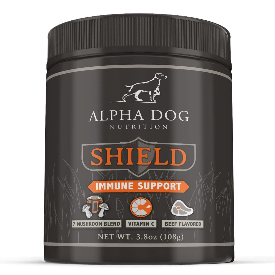 Alpha Dog Nutrition Shield Allergy bottle closeup shows seven-mushroom blend for immune support