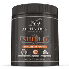 Alpha Dog Nutrition Shield Allergy bottle closeup shows seven-mushroom blend for immune support