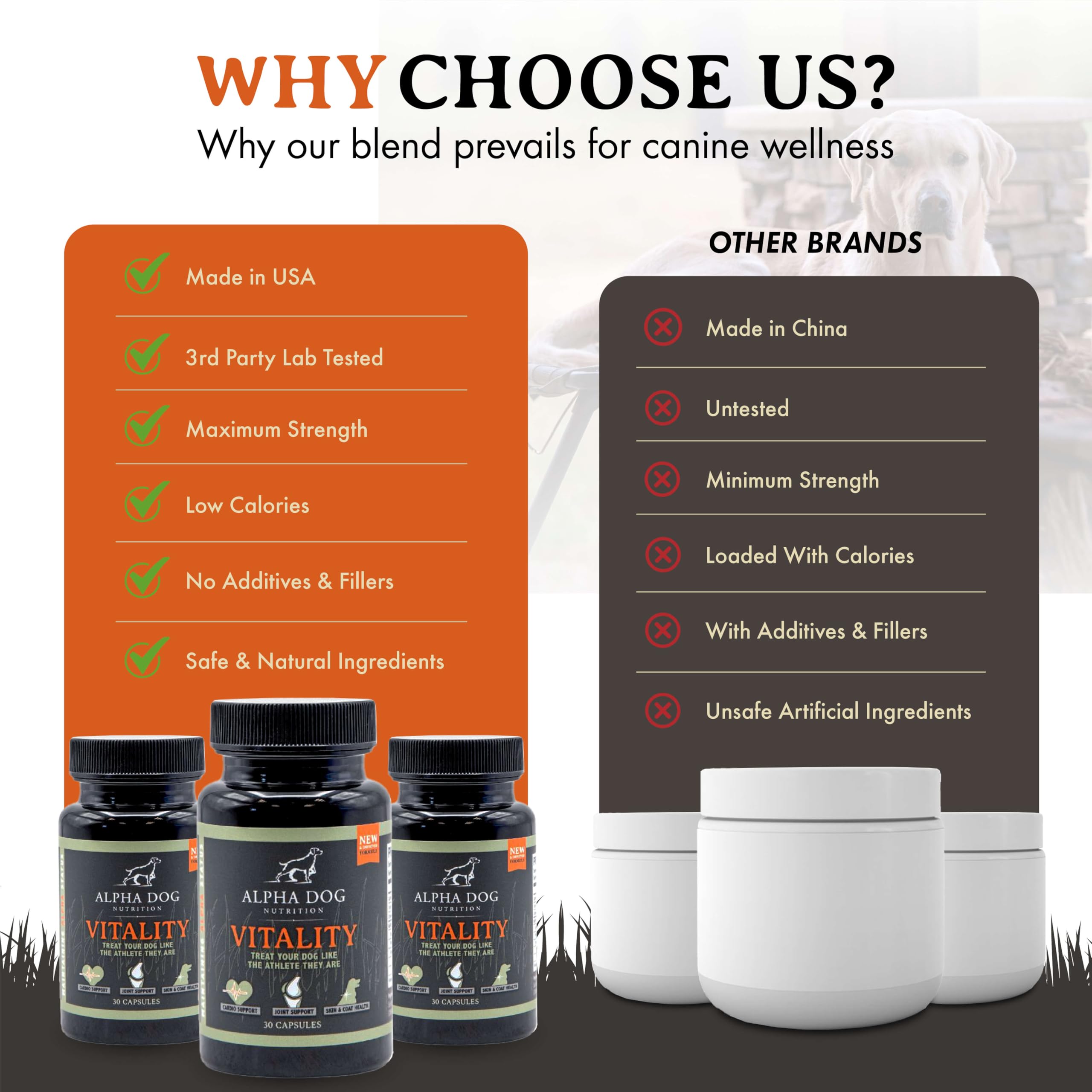 Alpha Dog Nutrition Vitality highlights Antarctic krill and omega-3 benefits.