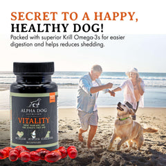 Alpha Dog Nutrition Vitality softgels designed for easy digestion in dogs.