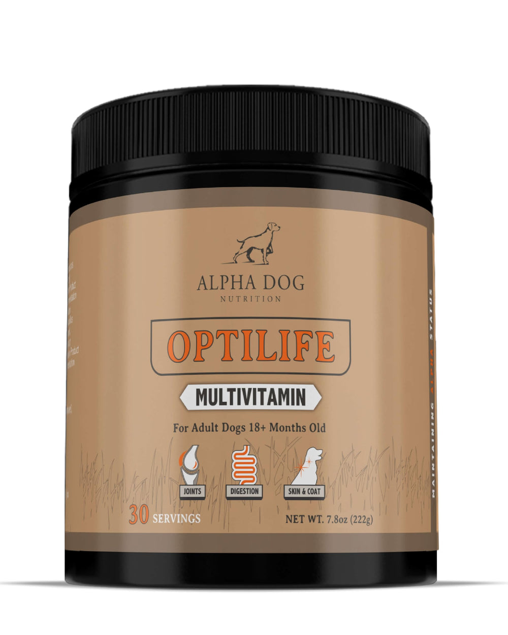 Alpha Dog OptiLife tub front for easy daily dosing and vitality.