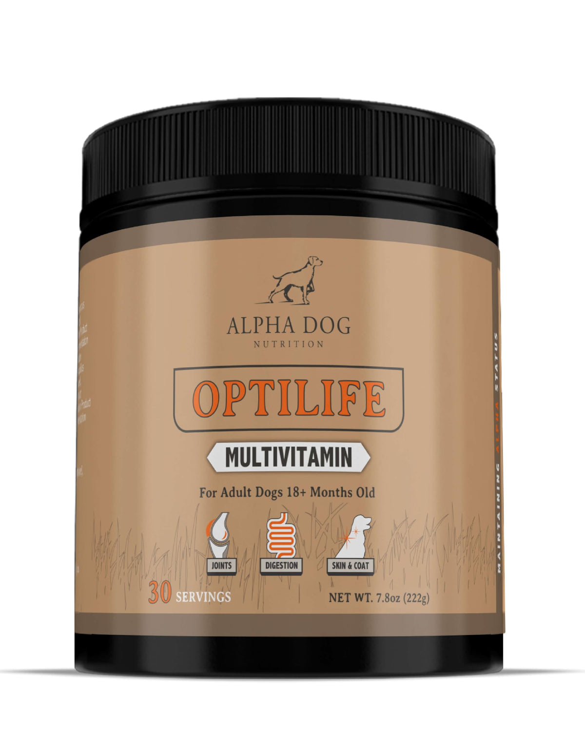 Alpha Dog OptiLife tub front for easy daily dosing and vitality.