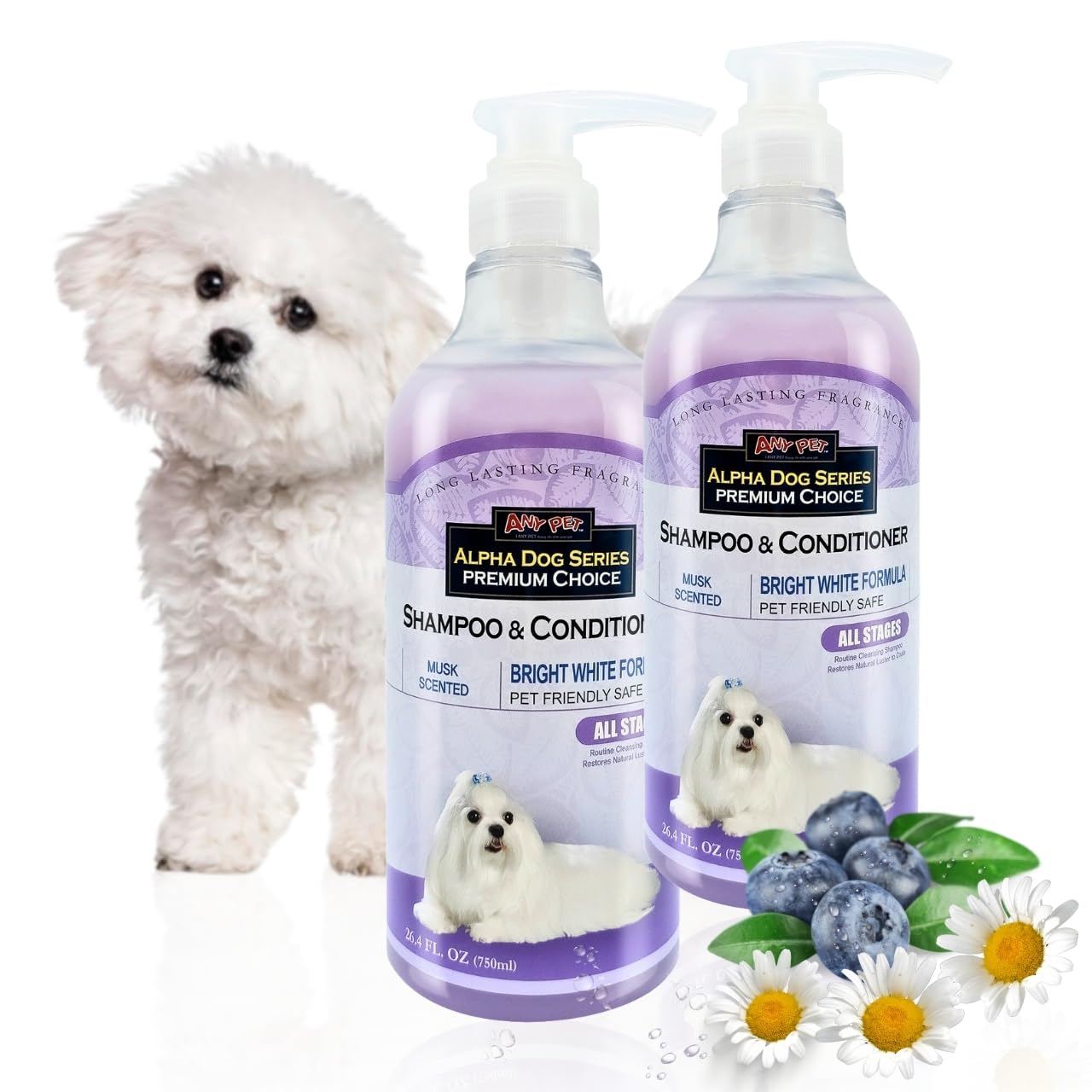 Alpha Dog Series Bright White shampoo bottle showcasing a safe whitening formula for dogs