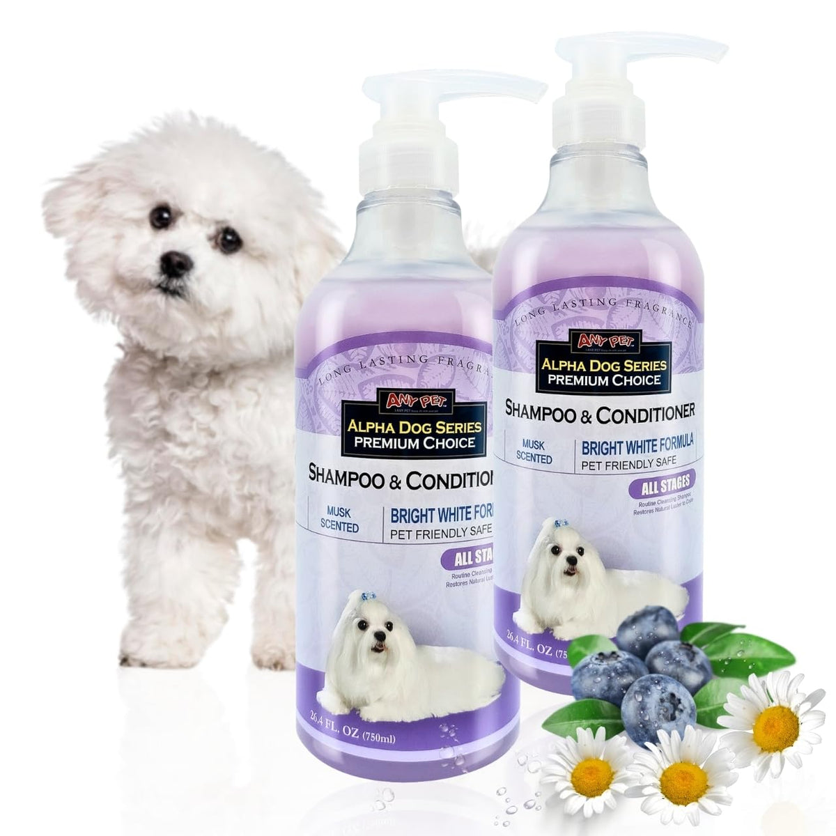 Alpha Dog Series Bright White shampoo bottle showcasing a safe whitening formula for dogs