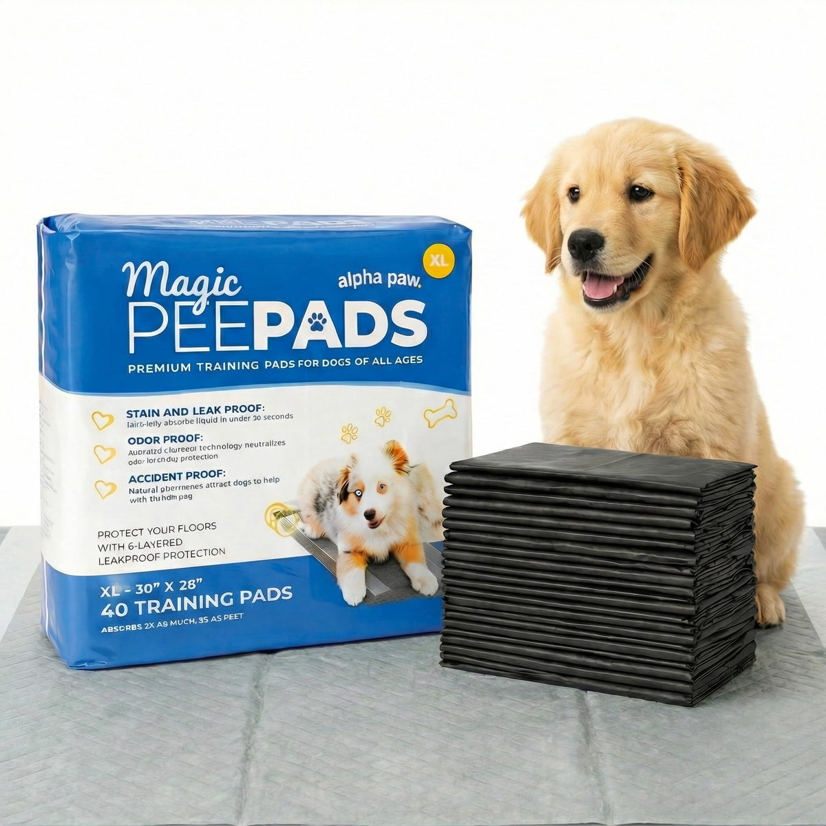 Alpha Paw Magic Pad shows a 6-layer core for maximum absorption.
