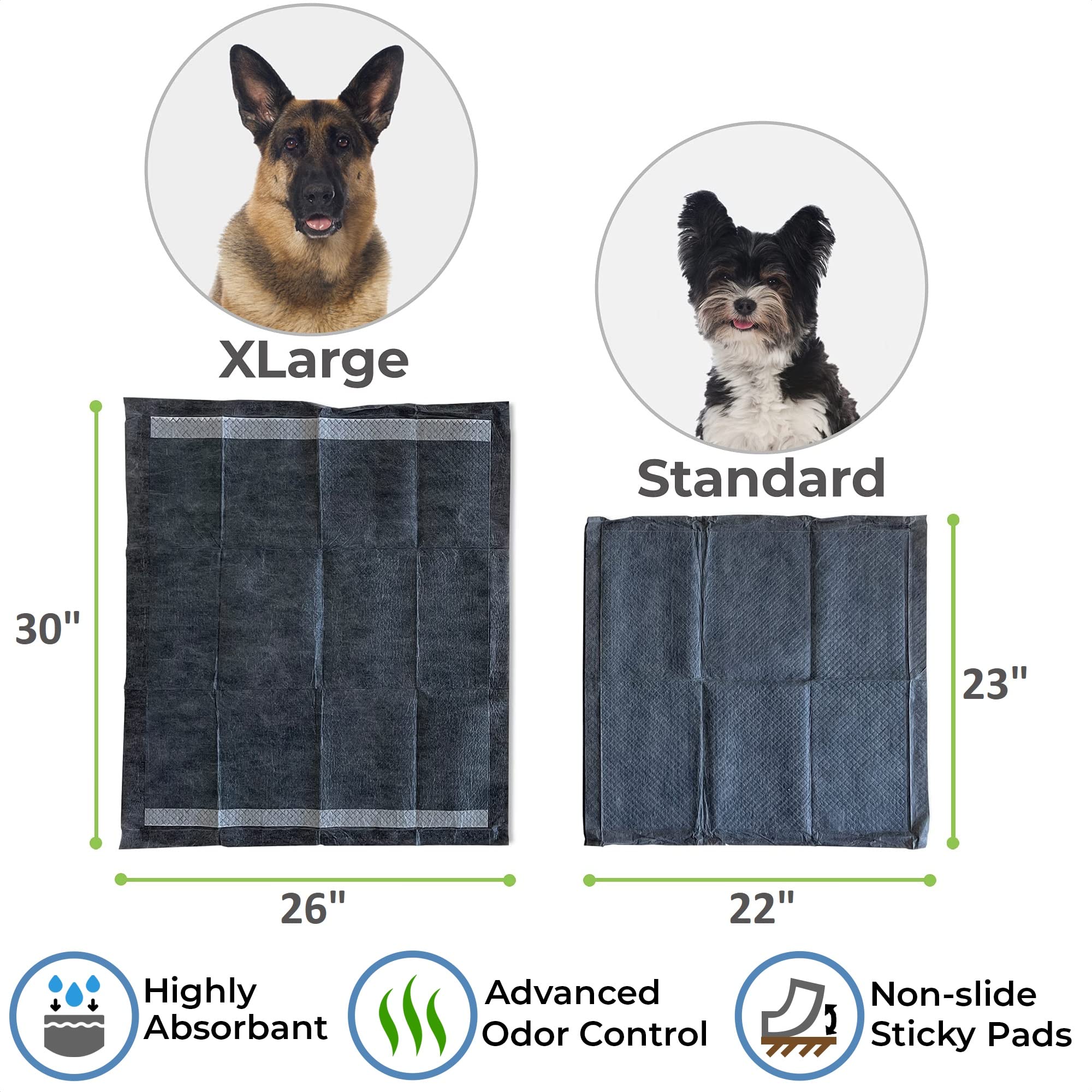Activated charcoal layer for odor control in Alpha Paw pads.