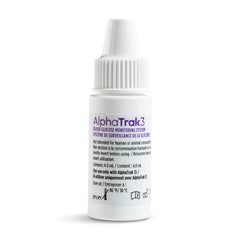 AlphaTrak 3 control solution bottle label shows batch and storage details.