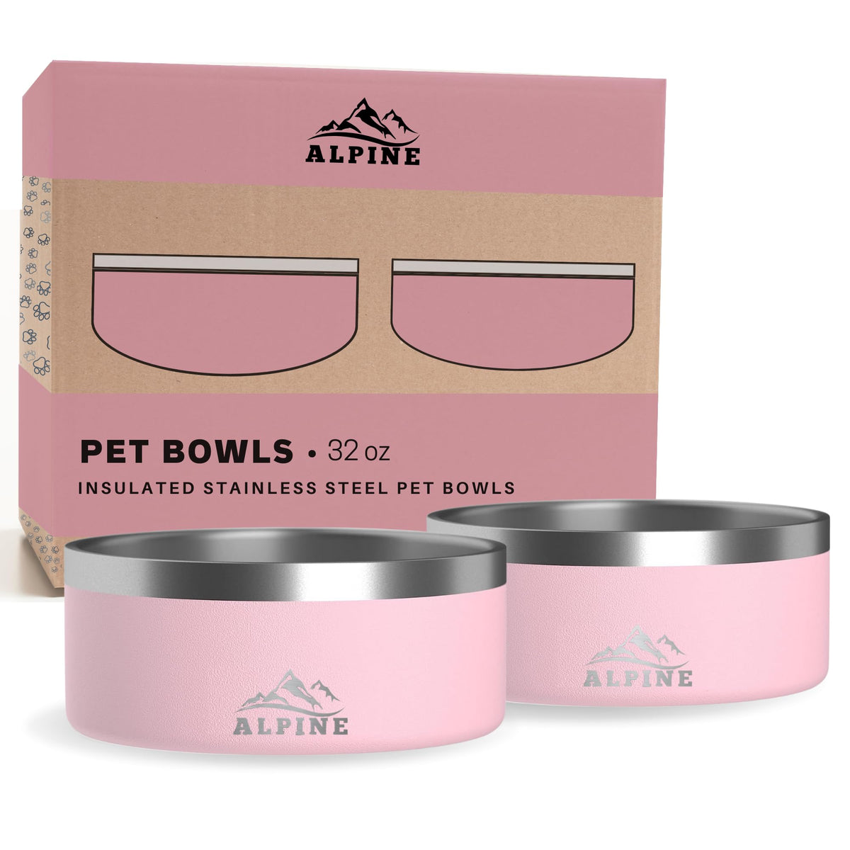 ALPINE pink stainless steel dog bowls, 32 oz each, durable and easy to clean.