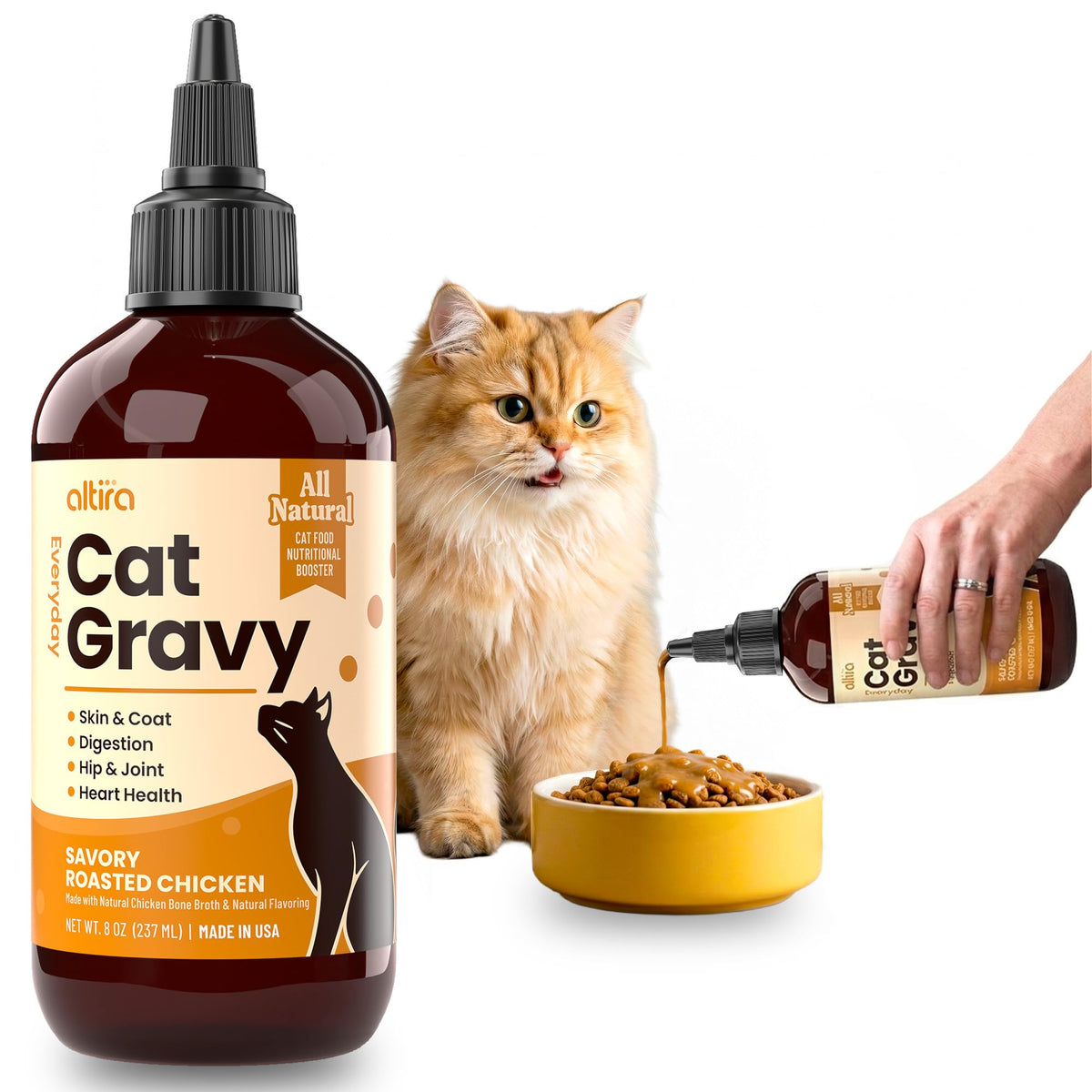 Altira Everyday Cat Gravy packaging shown as a convenient topper for meals.