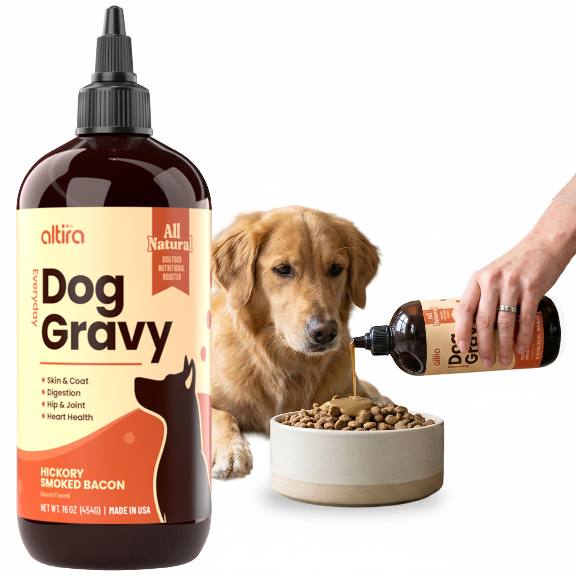 Altira Everyday Dog Gravy bottle pouring, bacon aroma enhances mealtime appeal.