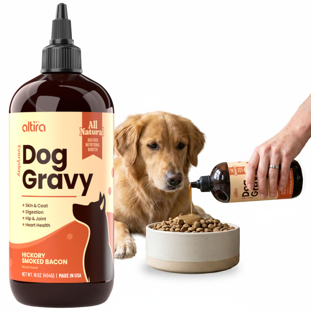 Altira Everyday Dog Gravy bottle pouring, bacon aroma enhances mealtime appeal.