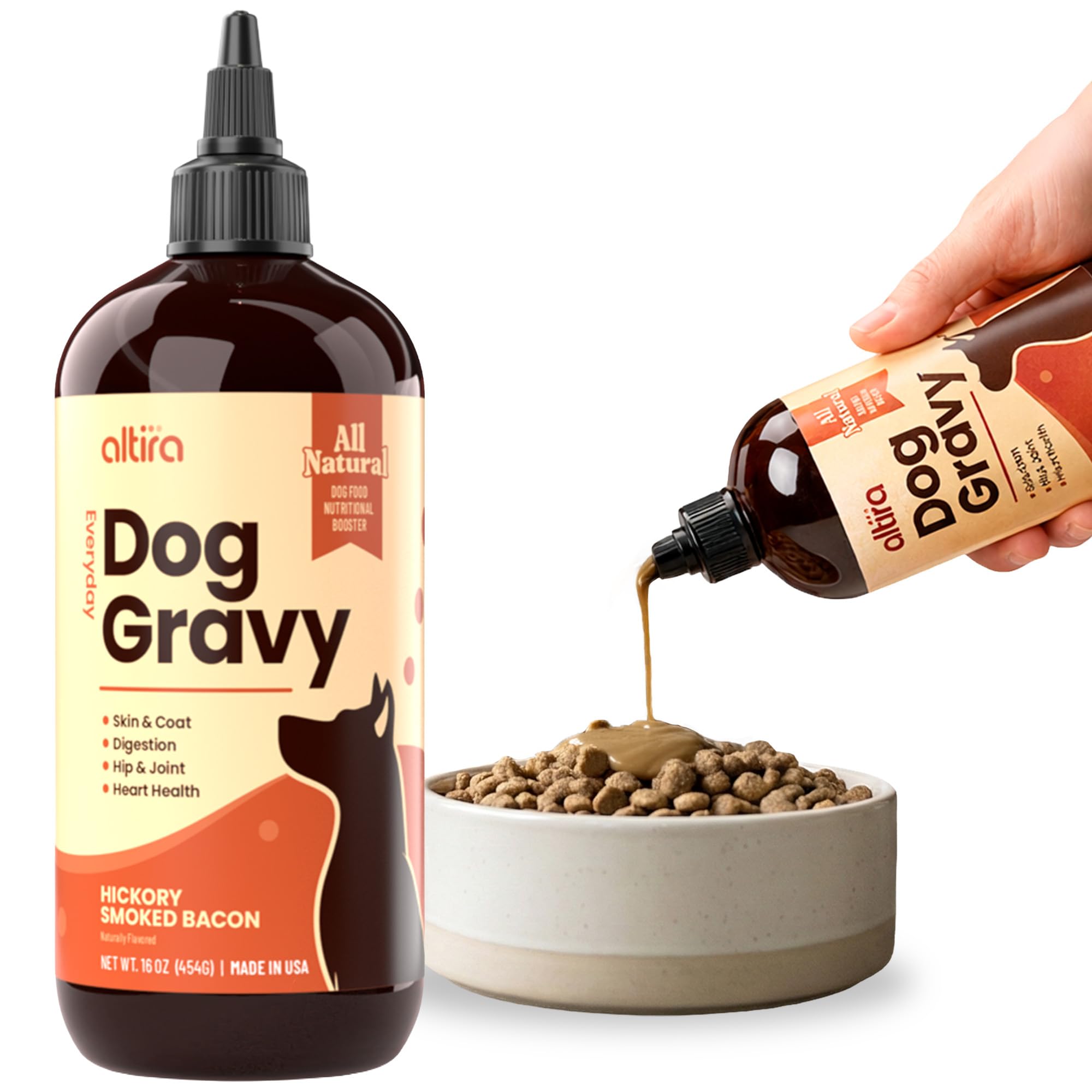 Altira Everyday Dog Gravy bacon flavor closeup highlights irresistible scent.