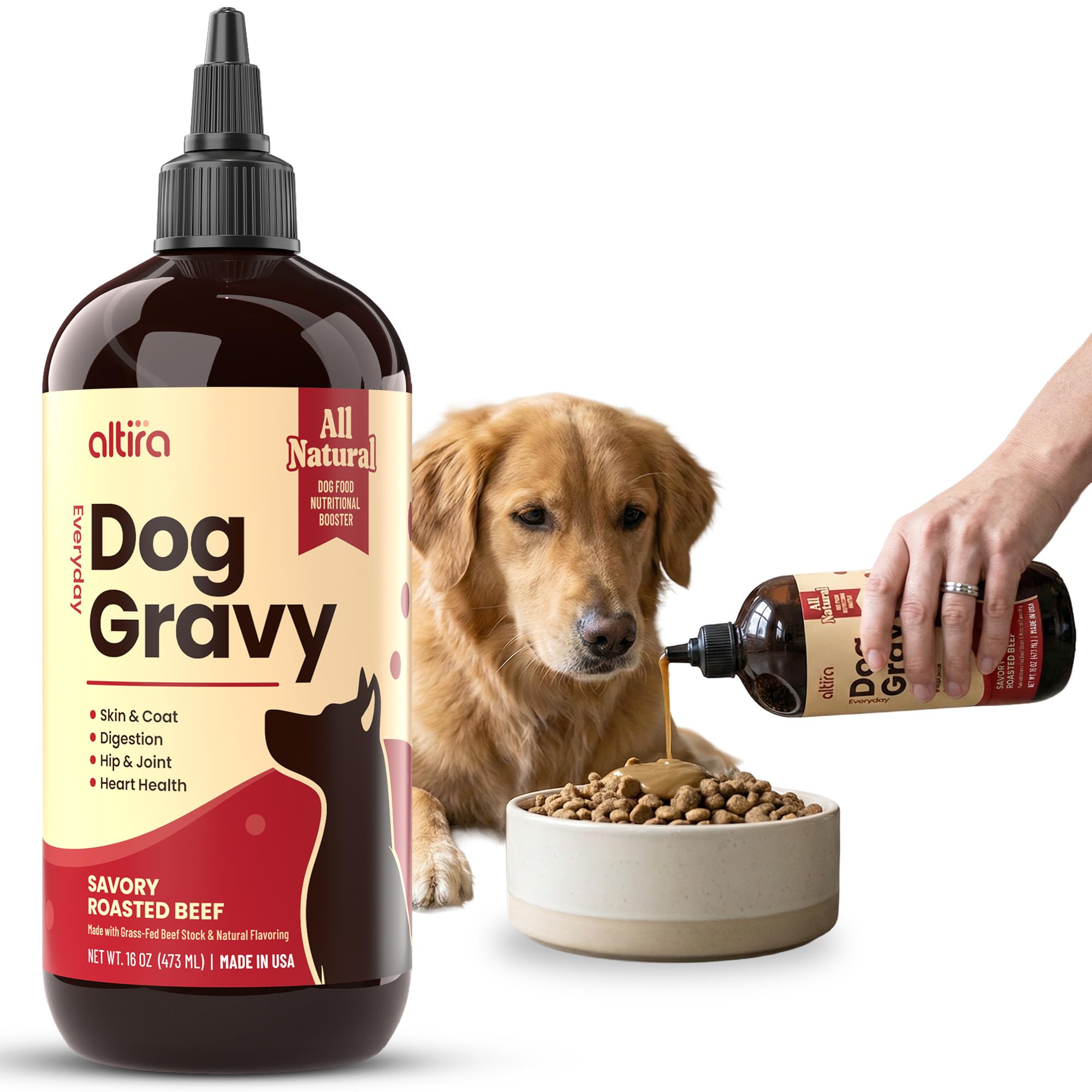 Altira Everyday Dog Gravy bottle pour shows easy topping for kibble.