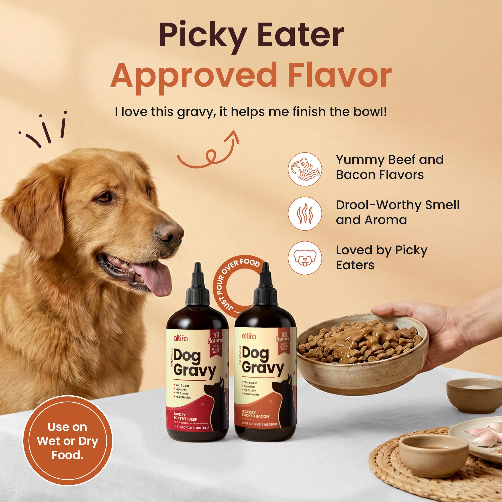 Pouring Altira gravy over kibble to make meals more appealing.