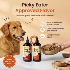 Pouring Altira gravy over kibble to make meals more appealing.
