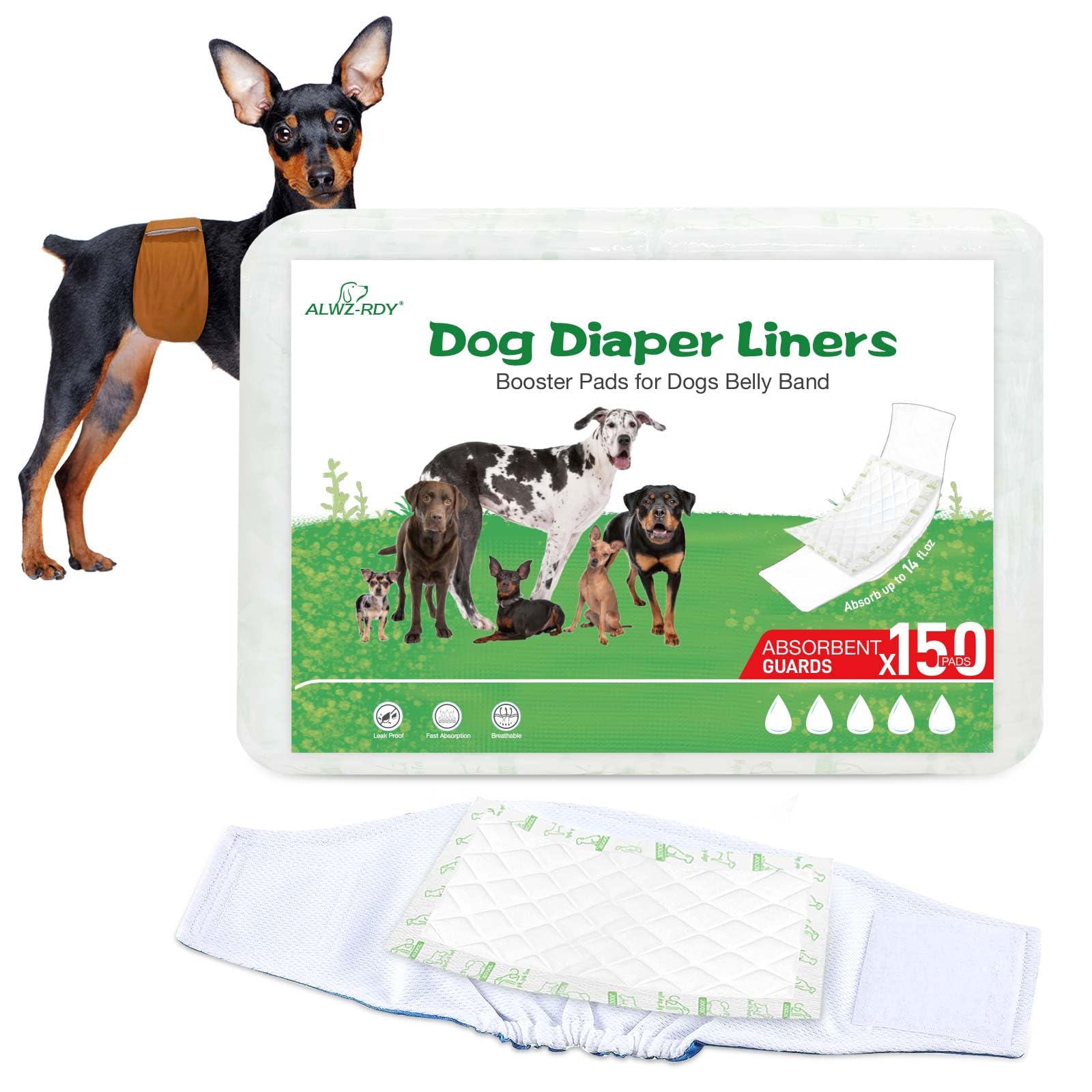 ALWZ-RDY dog diaper liners pack close-up showing five-layer absorption for long-lasting protection.