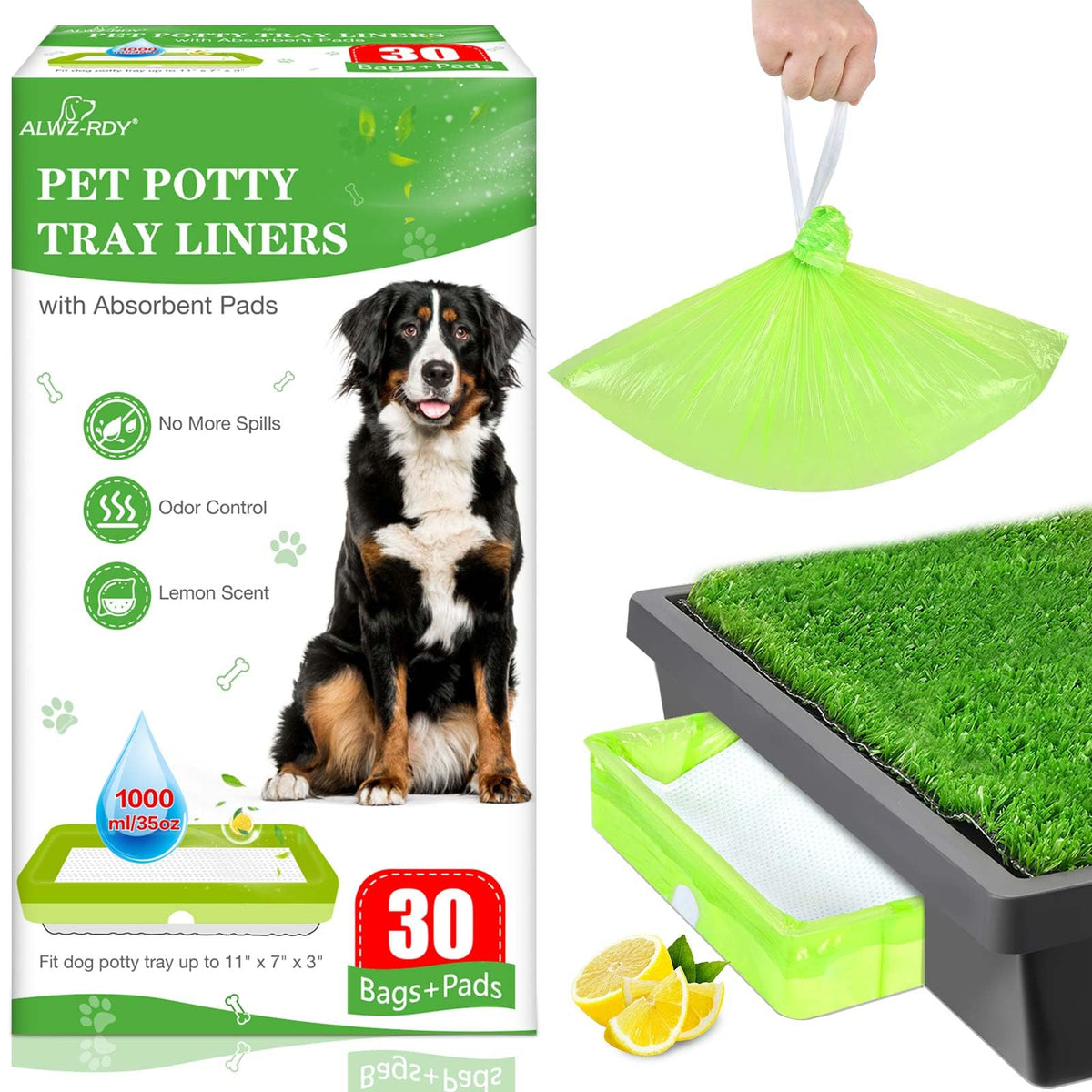 ALWZ-RDY lemon scented pet loo liner pack shot for odor control and disposal ease