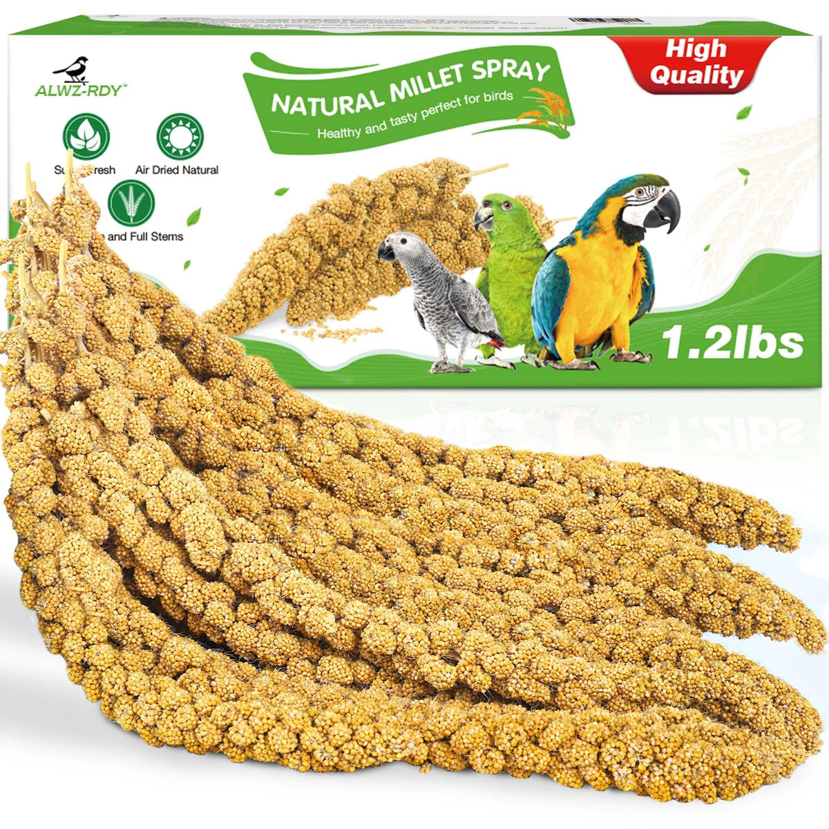 ALWZ-RDY millet spray box with fresh stems for healthy feeding.