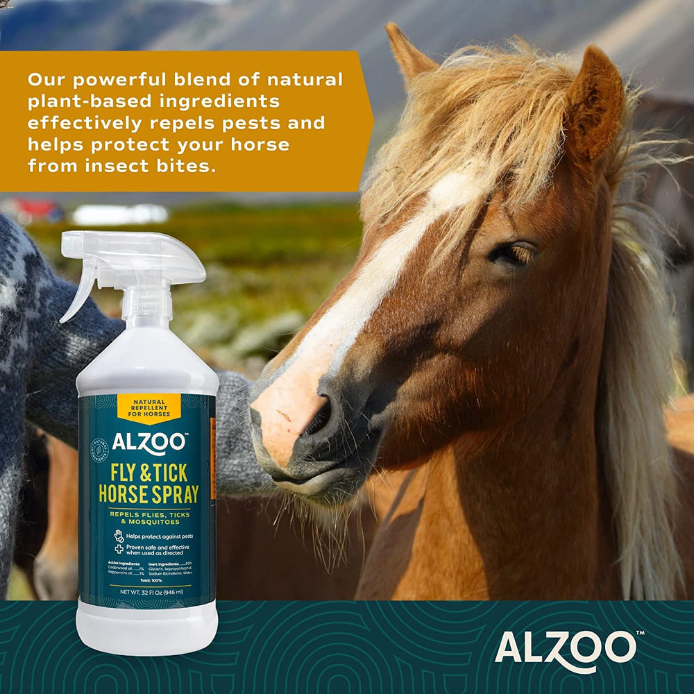 ALZOO plant-based spray mist repels flies and ticks on horses.