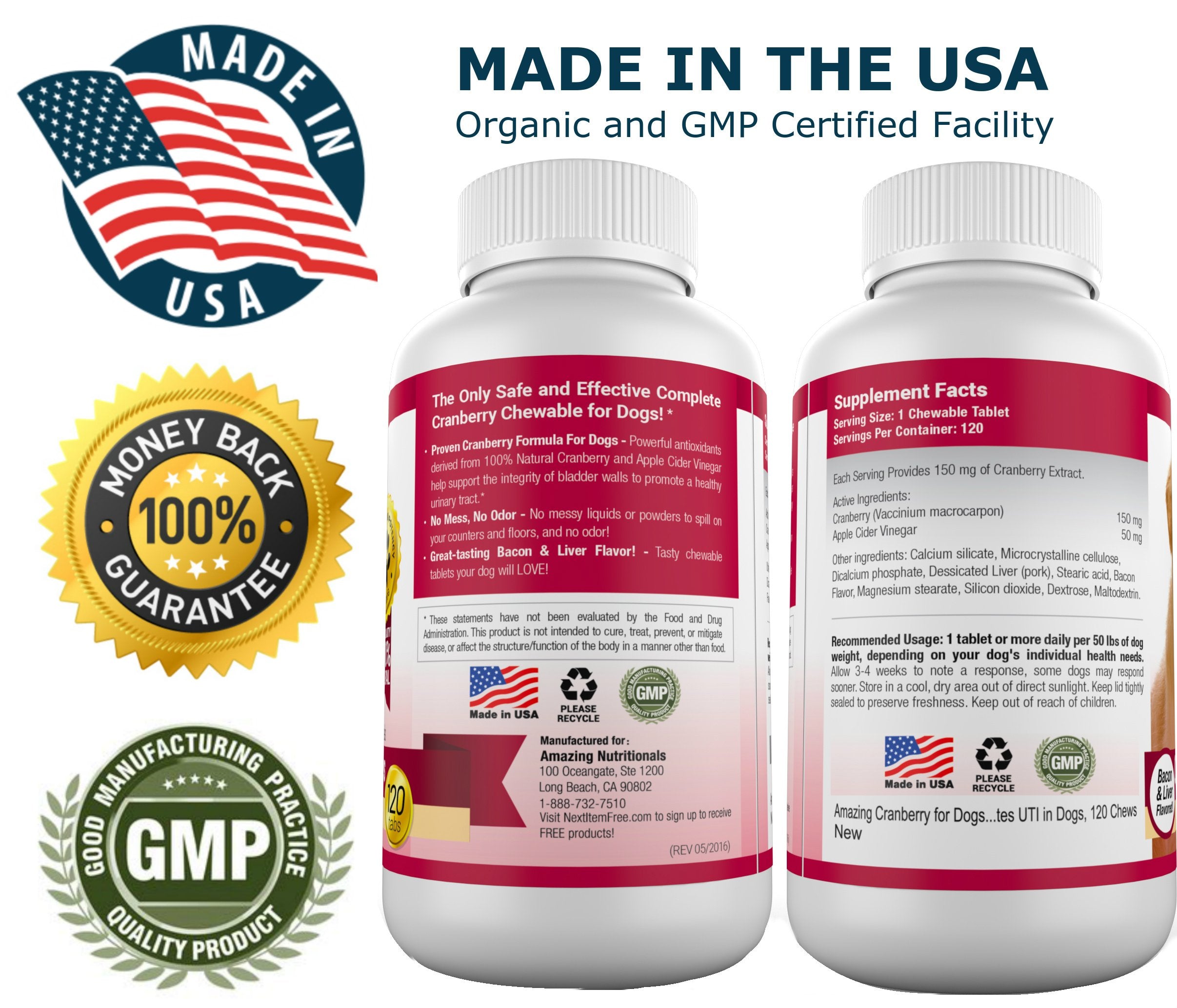 Amazing Nutritionals cranberry dog chews bottle front view conveys bacon flavor and daily care.