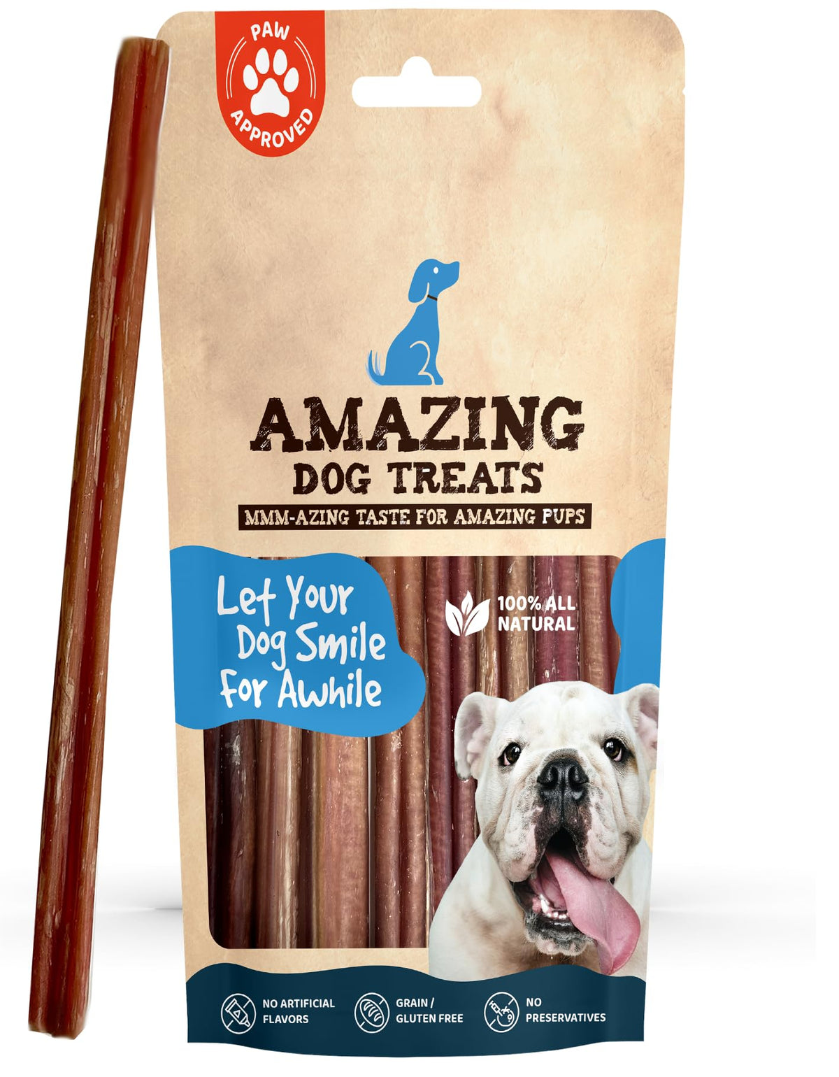 Amazing Dog Treats 12-inch bully sticks pack for dogs, ideal bulk chews for daily dog treats.