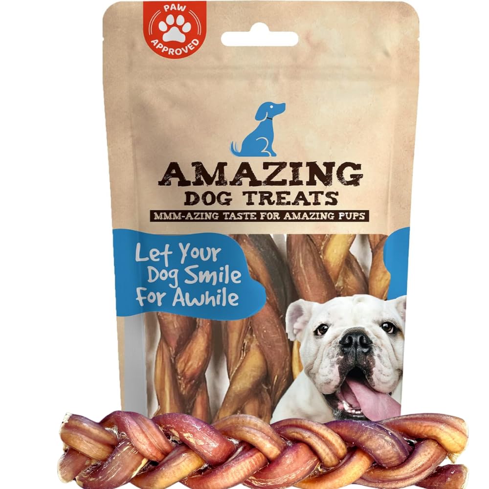 Amazing Dog Treats 6-inch braided bully stick pack front view, showcasing a long-lasting chew option.