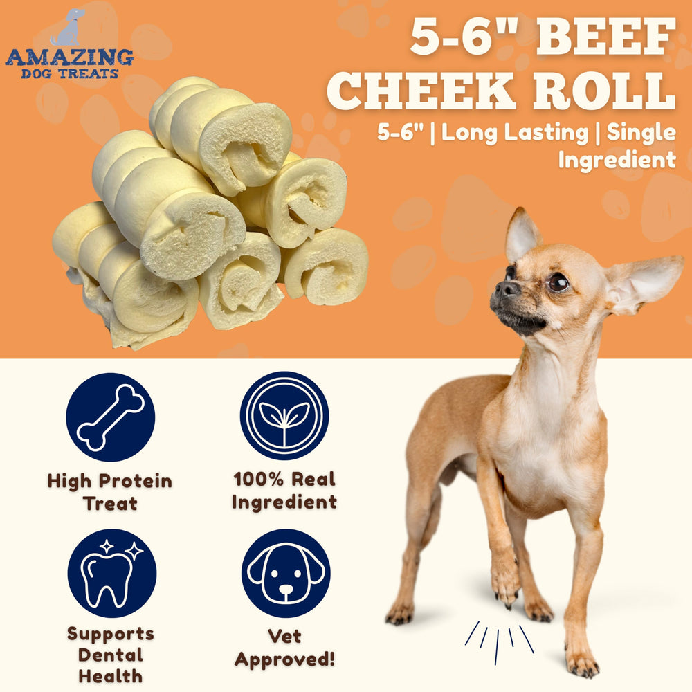 Close-up of Amazing Dog Treats Beef Cheek Rolls reveals dense texture.