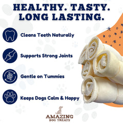 Dog chews Amazing Dog Treats Beef Cheek Rolls for durability and engagement.